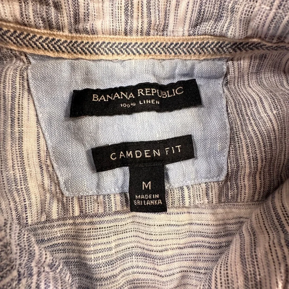 Banana Republic Camden Fit Mens Medium Blue White 100%‎ Linen Short Sleeve Shirt